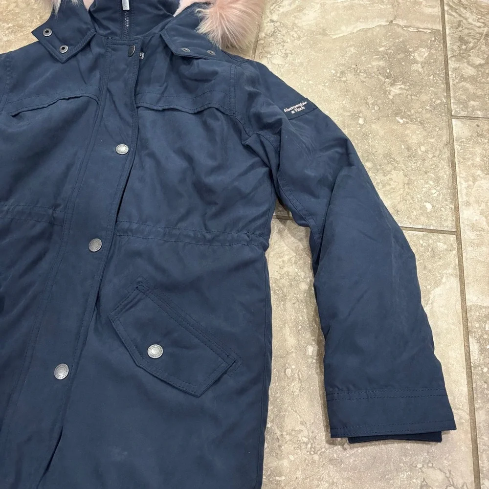 Abercrombie Kids‎ Girls Navy Blue Faux Fur Lined Parka Jacket Hooded 13/14